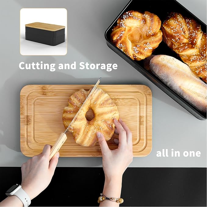 Bread Box for Kitchen Countertop,Metal Bread Storage Bin with Bamboo Cutting Board Lid, Includes Bread Knife, Fits Sourdough & Buns, Stylish Organize (Black)