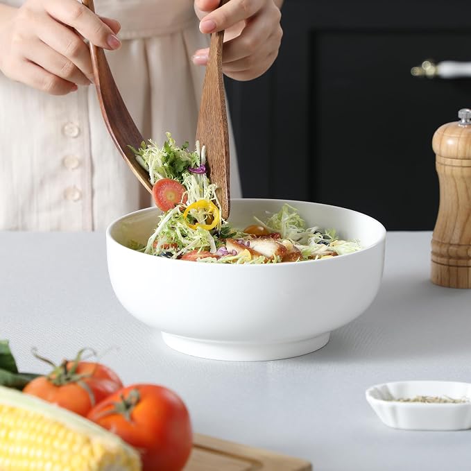 MALACASA Large Serving Bowls, 60 OZ (8") White Salad Bowls Set of 2 | Ceramic Bowls for Kitchen, Soup, Pasta, Dinner, Porcelain Bowls Set for Entertaining, Microwave & Dishwasher Safe