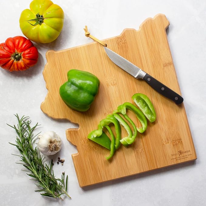 Totally Bamboo Yellowstone National Park Cutting Board, Summer Stokes Art | Yellowstone charcuterie board with colorful hand-drawn landscape art. Reverse side for food prep. Hang tie for wall display.