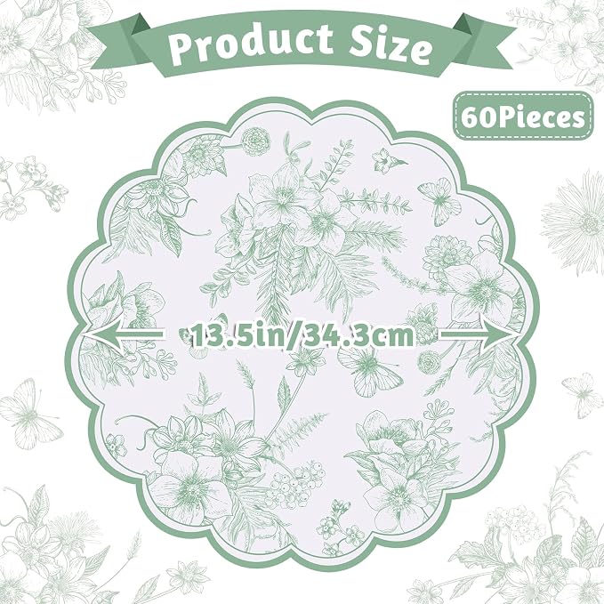60 Pcs Sage Green Floral Paper Placemat, Disposable Scalloped Table Mat | 13.5 Inch Wedding Placemats,Vintage Floral Banquet Place Mats for Table Setting Wedding Bridal Tea Party Wildflower Party