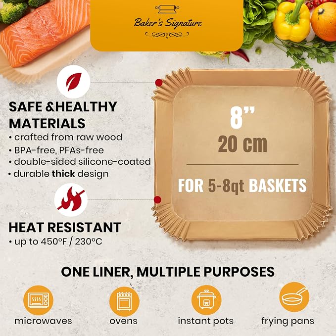 Air Fryer Liners Disposable, 350 Pcs 8" Square for Most 5-8 qt Baskets | Non-stick & oil-proof for easy cleanup; unbleached, BPA-free & PFAS-free; oven & microwave safe to 450F