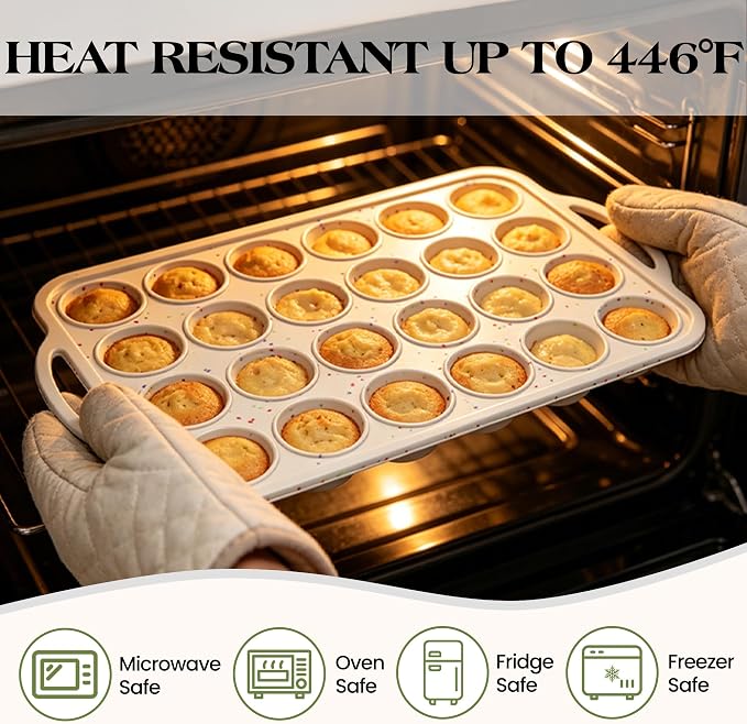 Mini Muffin Pan, 24 Cups, Cream | Metal Reinforced Frame, Nonstick Silicone, Food Grade, With Handles