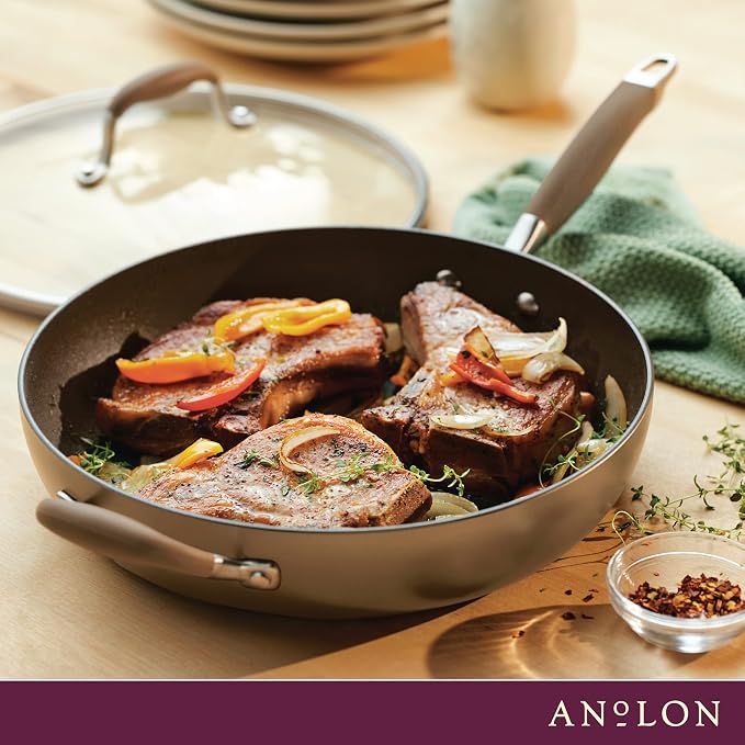 Anolon Advanced Hard Anodized Nonstick Deep Frying Pan with Lid, Non Stick Pan, 12 Inch, Bronze