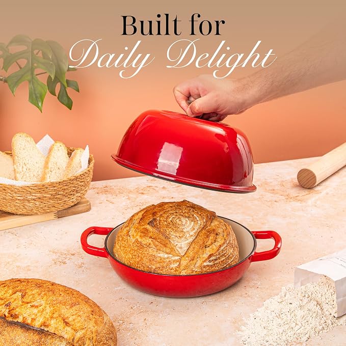 Enamelled Cast Iron Dutch Oven Pot – Dutch Oven For Sourdough Bread Baking – Cast Iron Bread Pot – Red, 6 Quarts, 26cm – by Nuovva