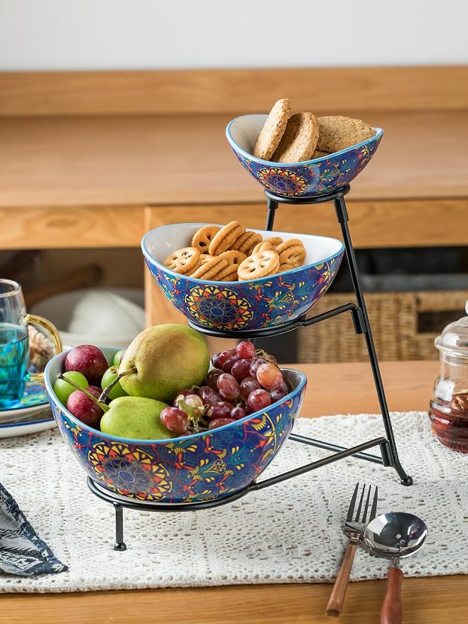 YHOSSEUN 3 Tier Serving Bowls, Tiered Serving Platter and Trays for Parties | Serving Dishes for Entertaining, Oval Tiered Serving Bowl Set with Metal Serving Stand, Appetizer Serving Tray
