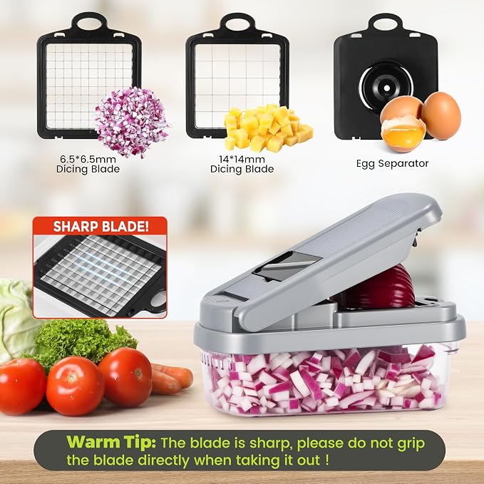 Yusshn Vegetable Chopper, 12-in-1 Food Veggie Chopper Cutter with Container | 7 Sharp Blades Dice, Slice, Shred and Grate for Salads, Onions and Meal Prep, with a Non-Slip Base and Drain Basket