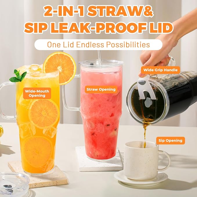 Birity 2Pack 40OZ Glass Tumbler with Handle,Glass Cup with Lid and Straw,Reusable Glass Iced Coffee Cup for Beer, Smoothies, Juice,Hot/Cold Drinks-Suitable for Birthday,Wedding