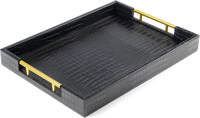 ATZYmolin 17"x12" Leather Serving Tray, Gold Handle Vanity Platter, Black | Rectangle Ottoman Decor Tray, Polished Metal Handles, Coffee Table Bathroom Home Decorative Wood Tray