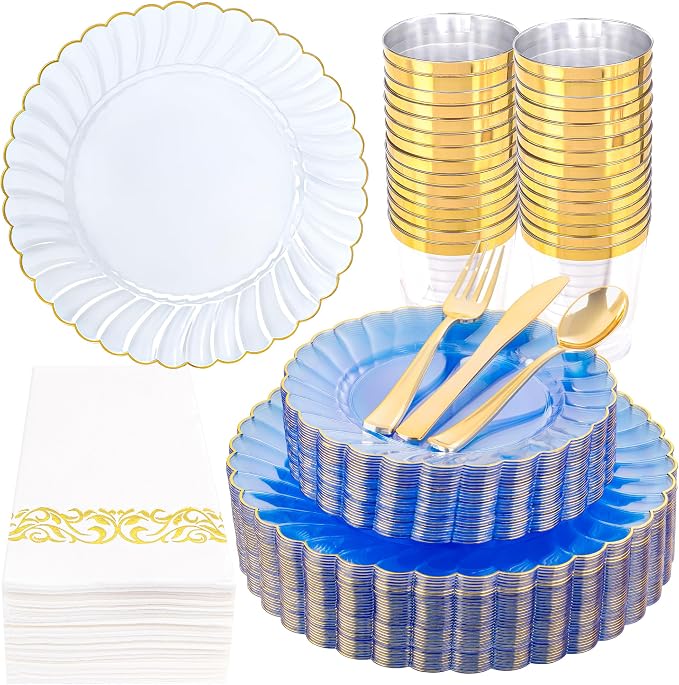 YOUBET 175PCS Clear Blue Scalloped Plastic Plates for Party Wedding | Blue and Gold Disposable Dinnerware Set Include 50 Plates, 75 Gold Silverware, 25 Cups, 25 Napkins for Baby Shower