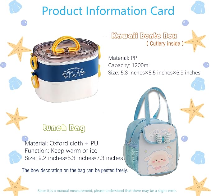 Kawaii Bento Box, Leakproof Lunch Box with Bag & Tableware