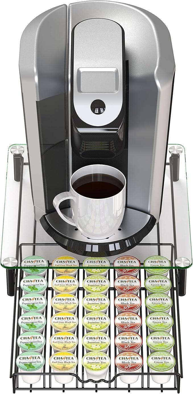 Deco Brothers Tempered Glass K-Cup Holder Drawer for 30 Coffee Pods, Black
