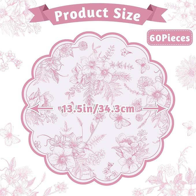 60 Pcs Pink Floral Paper Placemat, 13.5 Inch Disposable Scalloped Table Mat | Wedding Placemats, Vintage Floral Banquet Place Mats for Table Setting Wedding Bridal Tea Party Wildflower Party Decor