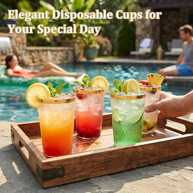 DaYammi 200 Pack Gold Plastic Cups 10 Oz Clear Cup Gold Rimmed Disposable Wine Glasses Fancy Disposable Party Cups Tumblers Drinking Cup Plastic Cocktail Glasses gold disposable cups for Party Wedding