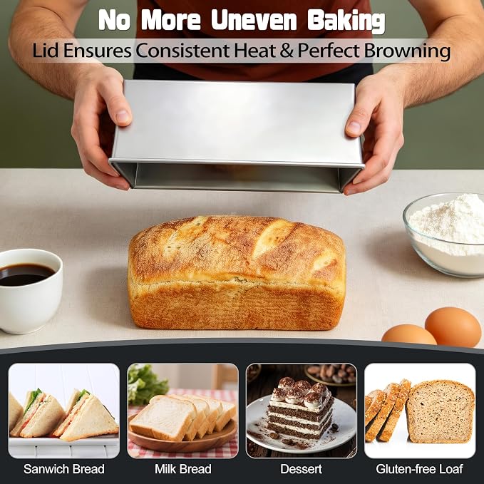 Pullman Loaf Pan with Lid 13x4 Uncoated Aluminized Steel for Sandwich Bread | Toast Box with Cover, Ideal for home bakers making sourdough loaves and daily homemade baking