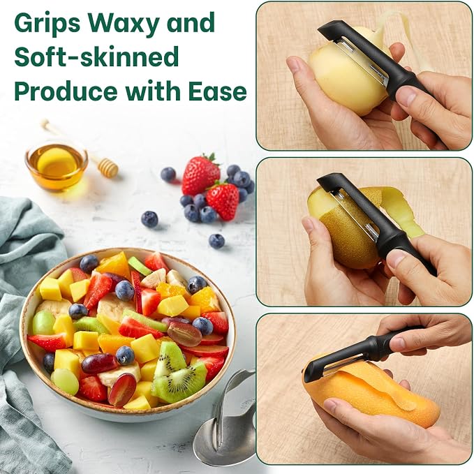 Beneno Stainless Steel Serrated Swivel Tomato Peeler | Sharp Serrated Blade for Effortless Peeling Soft-Skinned Fruits and Vegetables, Soft Grip Handle, Dishwasher Safe, Black