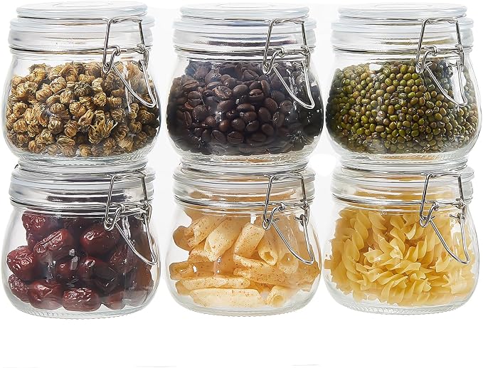 BJONKZ 6 Pack 17 oz Glass Jars with Airtight Lids – Food Storage Containers with Preserving Seal Wire Clip Fastening, Glass Canisters for Kitchen Canning Flour, Cereal, Sugar, Beans (17oz*6)