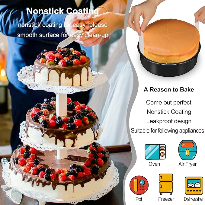 Round Cake Pans, 3PCS Circle Cake Pan with 90 Parchment Paper(6, 8, 10Inch) | Nonstick Cake Pan Set for Layer Cakes Deep-Dish Pizza, Cake Baking Pans for Christmas Birthday Thanksgiving, Dishwasher Safe