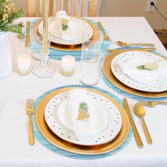 Round Placemats, Placemats Set of 4 Washable Place Mats, Blue 15" | Easy to Clean, Heat Resistant Table Mats, Wipeable Linen Placemat for Holiday Party Kitchen Dining Table Decoration