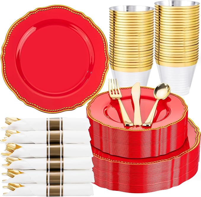 175 Pcs Red Gold Plastic Plates Wedding & Party | Red Plastic Dinnerware Set Includes 25 Dinner Plates, 25 Dessert Dinnerware, 25 Cups, 25 Pre-rolled Napkins