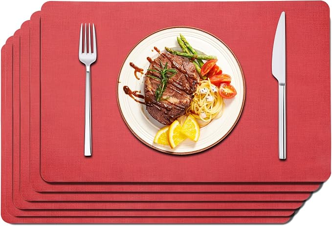 Maxpearl Faux Leather Placemats Set of 6, Easy to Clean, Light Red | Waterproof - Heat Resistant - Non Slip - Wipe Clean Dining Table Place Mats, Suitable for Indoor & Outdoor Use, 17''×12''