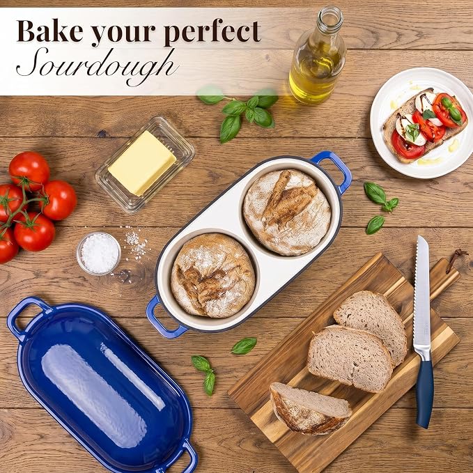 Mini Enameled Cast Iron Bread Loaf Pot with Lid, 6-Inch Double Dutch Oven | For Sourdough Baking, Dual Round Loaf Cavities for Homemade Bread, Cake or Meatloaf, Non Stick, 500°F Oven Safe Blue