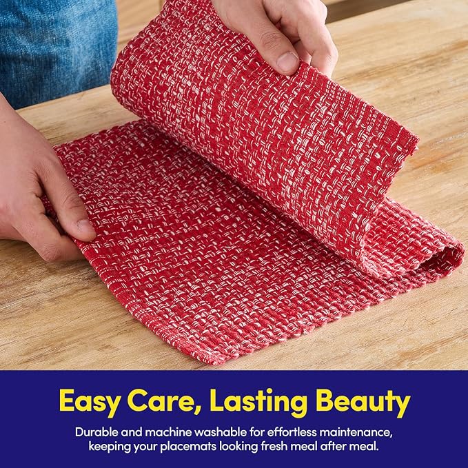 Placemats Set of 4-100% Cotton Two-Tone Rectangle Placemat for Dining Table - Over 15 Colors Available - Washable Table Decor for Kitchen, Farmhouse, Rustic, Durable for Everyday Use, Red
