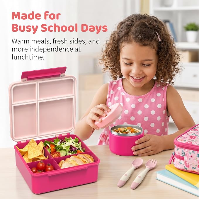 Pawtong Bento Lunch Box with 8oz Soup Thermo, Kids Leakproof Lunch Food Containers with 4 Compartment, Kids Thermo Insulated Hot Food Jar for School, Trvael - (Pink)