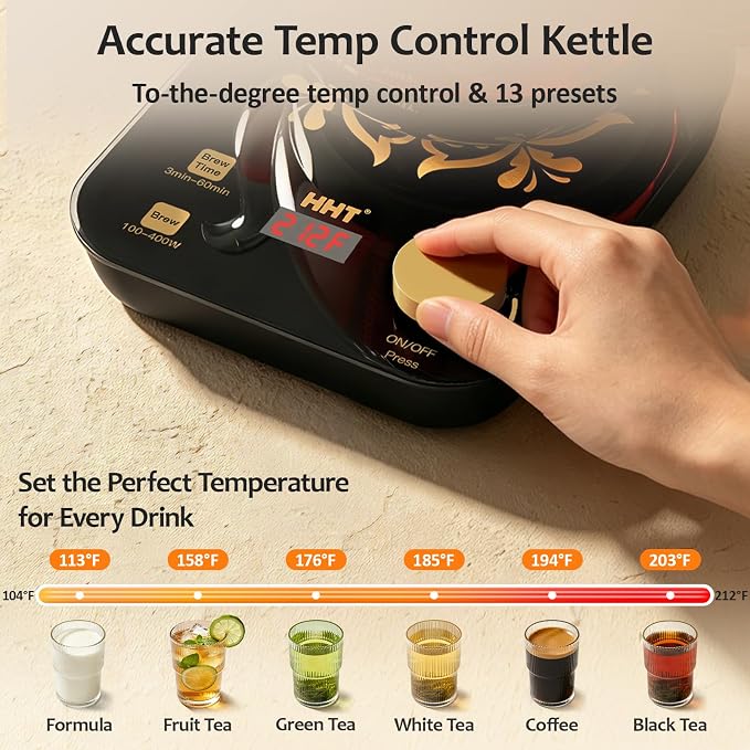 HHT Electric Tea Maker with Infuser, ±1℉ Precise Temperature Control, Glass Electric Kettle for Herbal,Flowers,Fruit Tea and Loose Leaf,BPA-Free,Auto Shut-Off,Brewing Program,Keep Warm,0.8L