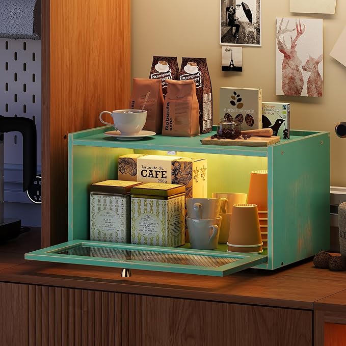 Trironsun Bamboo Bread Box with Led Light for Kitchen Counter Large Capacity Bread Storage Container Kitchen Countertop Organizer with Window Bread Holder (Antique Blue)