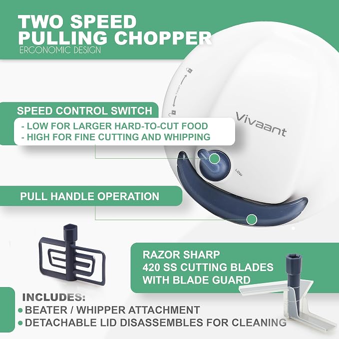 Vivaant Hand Pull Manual Food Chopper, Onion Chopper Vegetable Cutter Dicer | Nut & Garlic Chopper for Kitchen, 2 Speed Stainless Blades, Small Hand Held Vegetable Dicer with Whisk Attachment