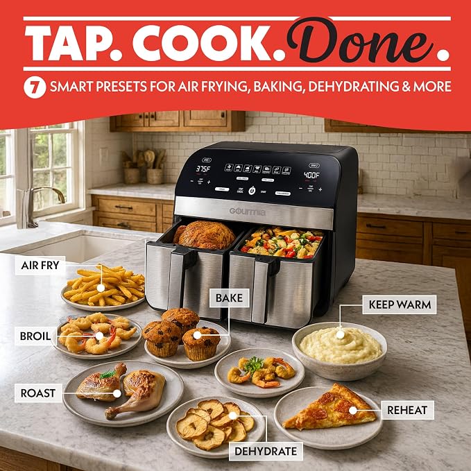 Gourmia Dual Basket Air Fryer - 10 Qt Large Capacity, FryForce360º, Digital Display with 7 Presets, Roast, Bake, Broil, Dehydrate, Match Cook, Sync Finish, Dishwasher Safe Accessories, Black
