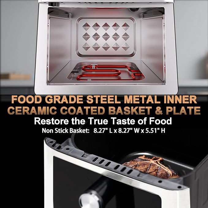 Stainless Steel Air Fryer Ceramic Coated Basket 6QT Dual-Blaze 450℉(Silver) | Non Stick Teflon-Free Premium Coat Healthy and Easy Clean, Max 450℉ Fast Cook in 1700W, Visible 8.27" for 2-3 Servings