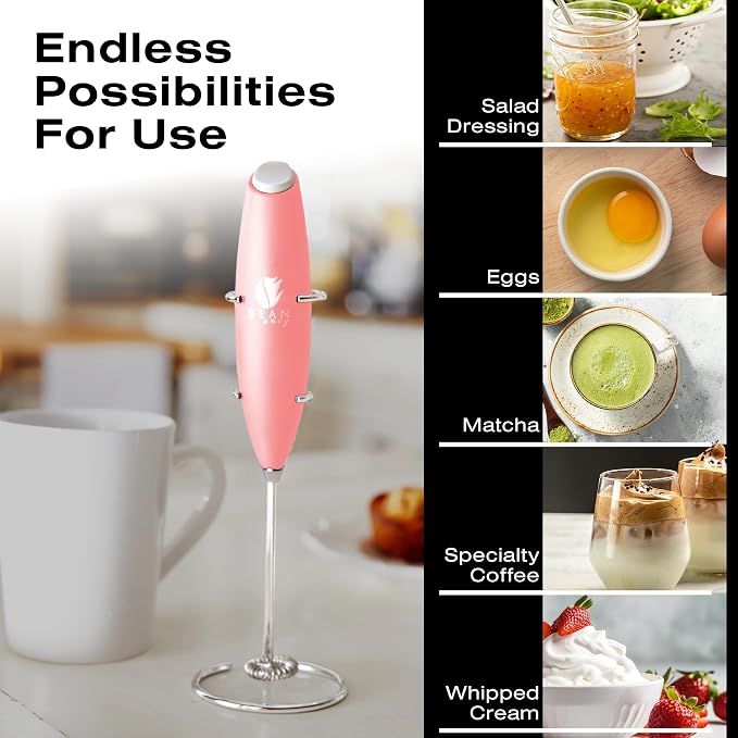 Bean Envy Milk Frother Handheld - Coffee Mixer Wand with Stand - Rose Pink | Battery Operated, Stainless Steel Whisk, 19000 RPM, Protein Powder Blender, Electric Stirrer, Mini Foamer