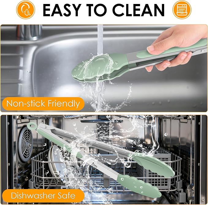 HOTEC Premium 7 & 9 Inch Kitchen Tongs, Stainless Steel Locking Cooking Tongs with Silicone Tips, Non-Scratch & Heat Resistant, Serving Tongs for Salad, BBQ, Light Green, Set of 2