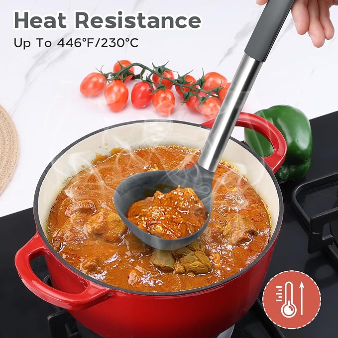Onader 10 Pieces Silicone Kitchen Utensils Set, Cooking Utensils with Holder and Heat Resistant Stainless Steel Handle for Nonstick Cookware -Gray