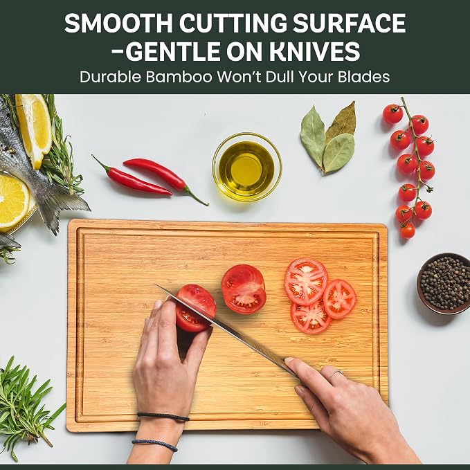 Bamboo Cutting Board for Kitchen - 17" Large Wooden Cutting Board, Heavy Duty Chopping Board with Side Handles, Deep Juice Groove, Reversible Charcuterie & Cheese Board for Meat and Serving