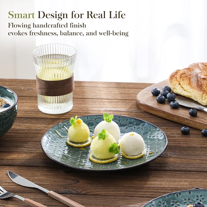 MALACASA 12 Pieces Dinnerware Sets, Farmhouse Plates and Bowls Sets, Embossed Green Dish Set for 4, Vintage Relief Ceramic Dish Set, Chip-Resistant, Microwave and Dishwasher Safe, Series LYDIA