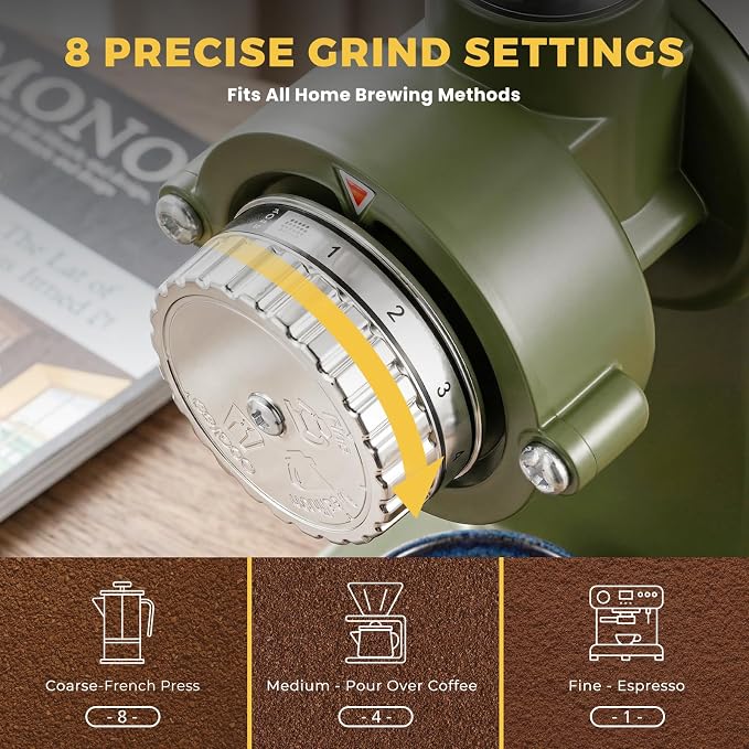Electric Burr Coffee Grinder, 8 Grind Settings Cream Style Green | 64mm Stainless Steel Flat Burr, Low Static & Quiet, for Espresso Pour Over French Press, 3-in-1 Receiving Cup, Easy Clean