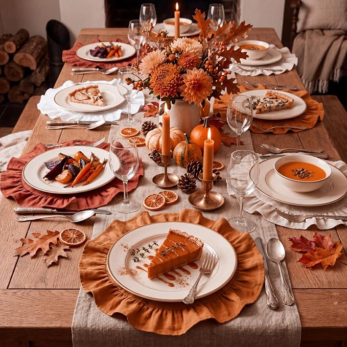 Set of 6 Fall Placemats Orange Round Ruffled Table Placemats 15 Inch Fabric Vintage Farmhouse Boho Rustic Circle Mat for Fall Thanksgiving Harvest Halloween Party Supplies Table Decorations