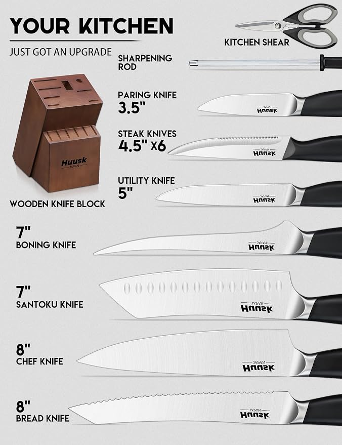 Huusk Kitchen Knife Block Set - Chef Knife Set with Acacia Block Black 14PC | Japanese Stainless Steel, Long-Lasting Edge, Full Tang Ergonomic, All-in-One for Daily Cooking, Elegant Wedding Gift