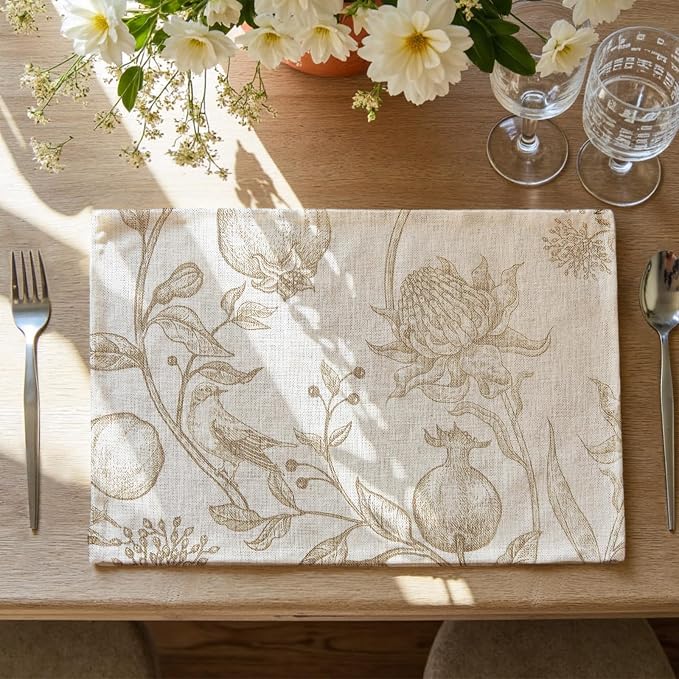 JINCHAN Linen Placemats Set of 4 Farmhouse Botanical Print 13x19 Inch Tan | Fabric Placemats, Cottage Style, Botanical Bird Motif, Machine Washable, Easy to Store, Reusable