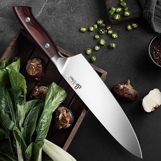 Chef Knife 8 Inch, High-Carbon Stainless Steel, Ergonomic Pakkawood Handle | Sharp Kitchen Knife with Non-slip Full-Tang Wooden Handle, Japanese Chopping Knife with Gift Box
