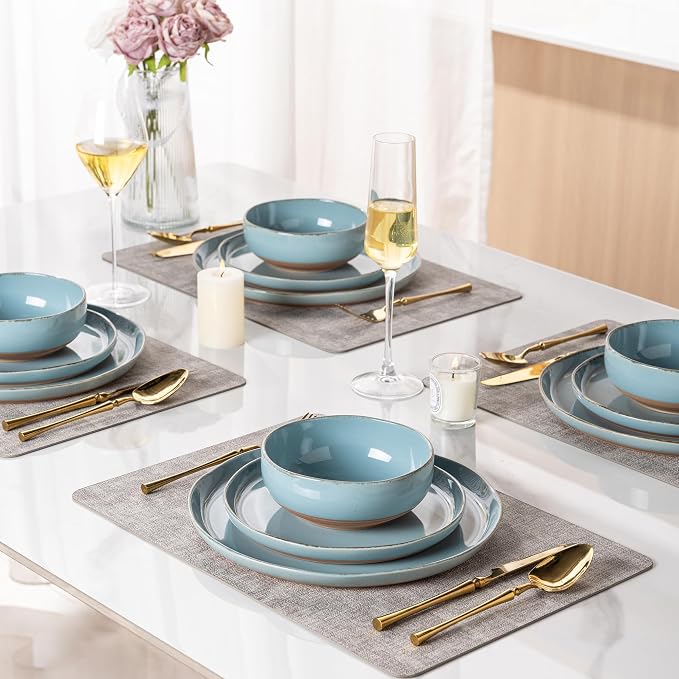 AmorArc Dinnerware Sets for 4, 12 Pieces Ceramic Plates and Bowls Set | Scratch Resistant Stoneware Dishes Set, Dishwasher & Microwave Safe, Stone Blue