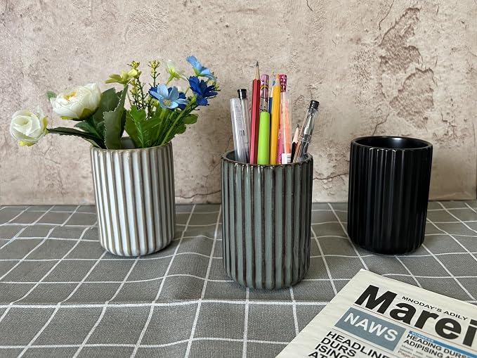 TOPYOKK Stoneware Coffee Bar Utensil Holder Tea & Coffee Spoon & Stirrer Holder for Stir Stick Straw Teaspoon Holder Espresso Spoon Cup Small Utensil Jar Fluted Vertical Stripe (Retro White)