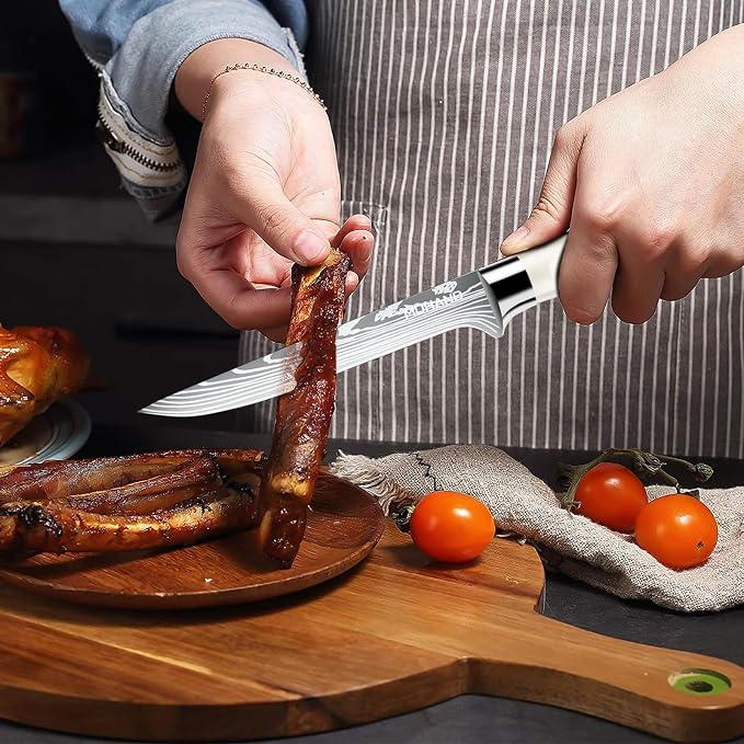 Chef Knife Set with Roll Bag, Professional Knife Set with Sharpener | High Carbon Stainless Steel 9PCS Kitchen Knife Set, Forged Triple Rivet Handle, Kitchen & Home Cooking, Dishwasher Safe White