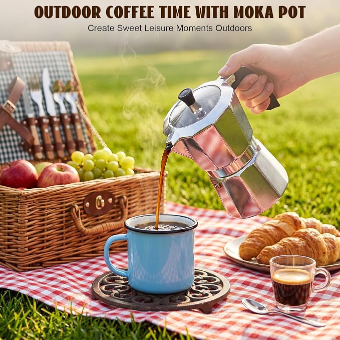 2 Pack Stovetop Espresso Maker 450ml 9 Cup Moka Pot, Classic Silver Aluminum Coffee Maker, Italian Machine for Gas or Electric Stove, Rich Espresso Cappuccino Latte