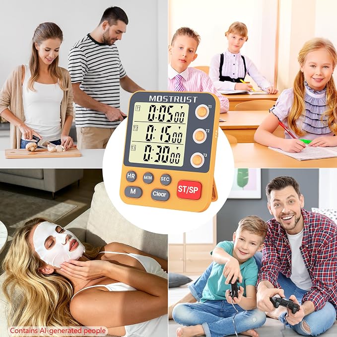 Digital Dual Kitchen Timer, Multiple Channels Countdown Timer | 3-Groups Triple Timer with Magnet-Back Memory-Preset Large Display Adjustable Volume, 3A Battery Included, Ideal for Cooking