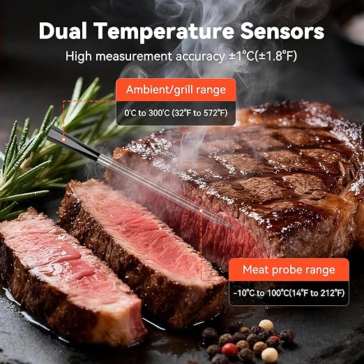 TechRise Bluetooth Wireless Meat Thermometer with APP,Wireless Meat Thermometer Digital for Oven,Smoker,Air Fryer,Kitchen Cooking,Instant Read Digital Probe with Alarm, Long Range,Rechargeable,Black