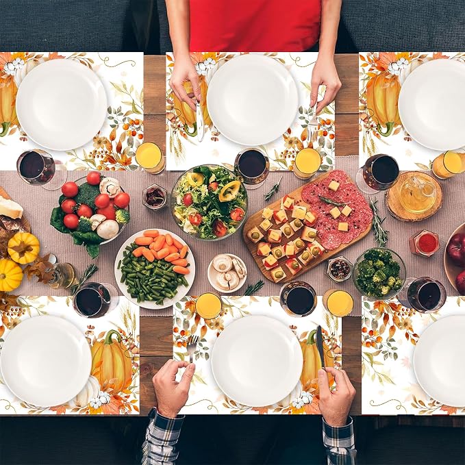 50 Pack Disposable Paper Placemats, Thanksgiving Fall Pumpkin Table Mats | Autumn Pumpkin Maple Leaves Pattern, Holiday Party Kitchen Dining Table Decoration,Thanksgiving Day