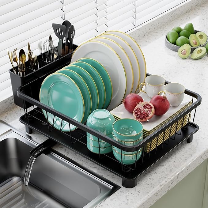 Hiviweer Dish Drying Rack for Kitchen Counter, 16.2" L x 12.5" W, Black | Space-saving design with drainboard, removable utensil holder, rustproof durable dish drainer for kitchen countertop storage
